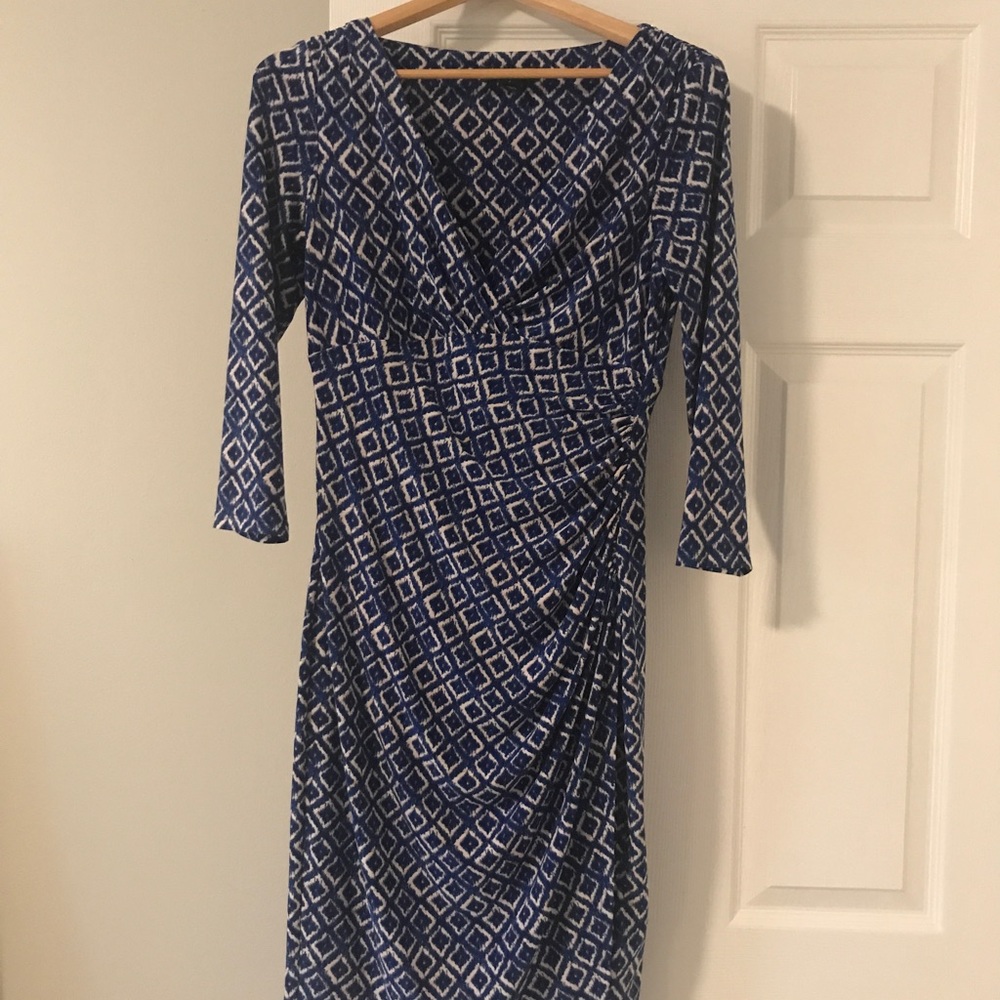 Ralph Lauren blue geometric midi dress with ruching at waist size 6